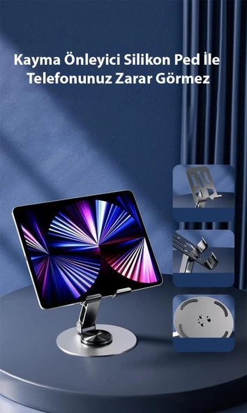 Coofbe Alüminyum Yükseklik Ayarlı 360° Dönebilen Tablet Laptop Standı Masaüstü Telefon Tutucu Kaymaz Ped - 7