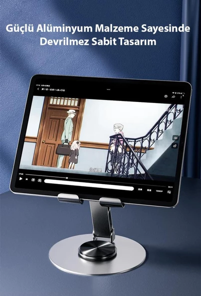 Coofbe Alüminyum Yükseklik Ayarlı 360° Dönebilen Tablet Laptop Standı Masaüstü Telefon Tutucu Kaymaz Ped - 8