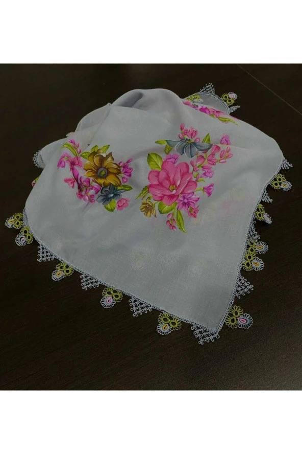 KENARLARI EL YAPIMI TEK MEKİK VE İĞNE OYALI GRİ YAZMA BAŞÖRTÜ - 2