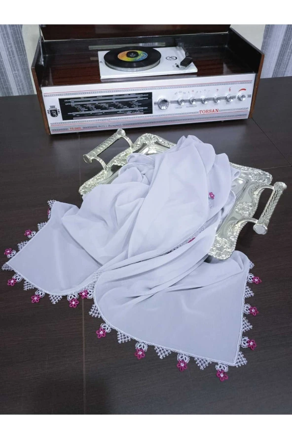 KENARLARI EL YAPIMI TEK MEKİK VE İĞNE OYALI KREP GRİ MEVLÜT BAŞ ÖRTÜSÜ - 2