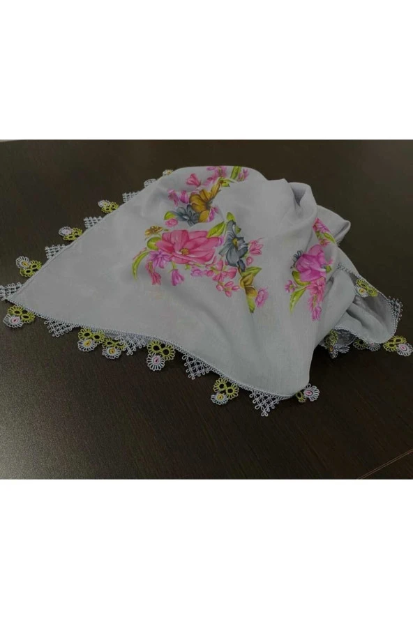 KENARLARI EL YAPIMI TEK MEKİK VE İĞNE OYALI GRİ YAZMA BAŞÖRTÜ - 3