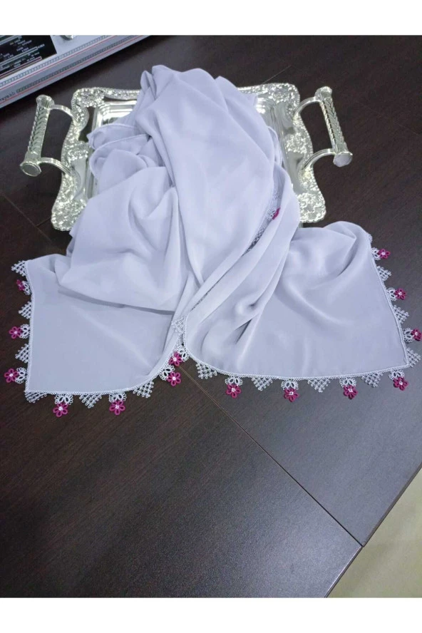 KENARLARI EL YAPIMI TEK MEKİK VE İĞNE OYALI KREP GRİ MEVLÜT BAŞ ÖRTÜSÜ - 4