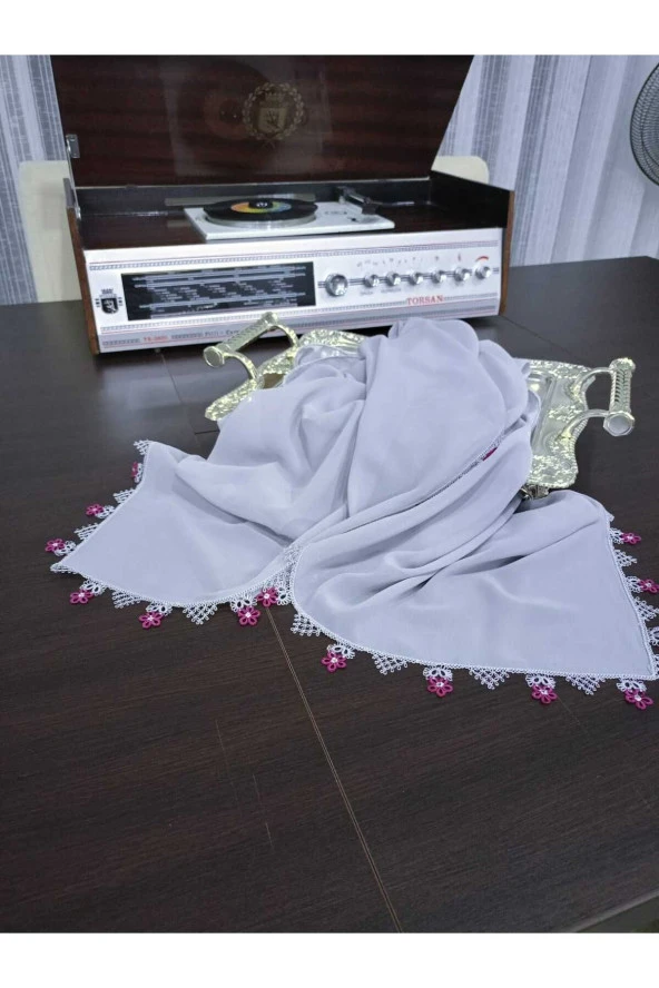 KENARLARI EL YAPIMI TEK MEKİK VE İĞNE OYALI KREP GRİ MEVLÜT BAŞ ÖRTÜSÜ - 6