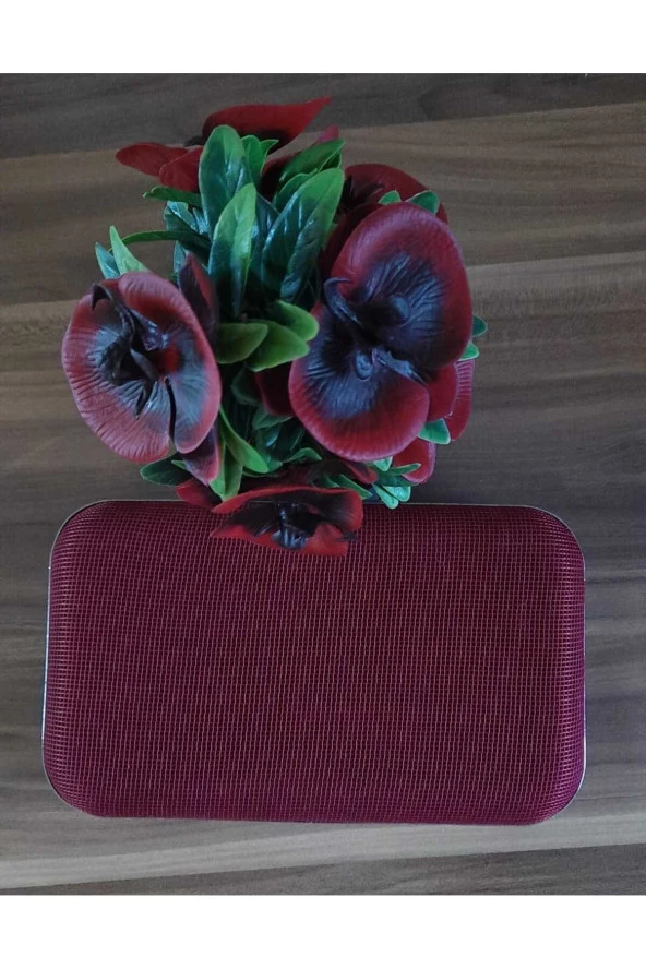 BORDO KUMAŞ TÜL ÜZERİNE ÖZEL TASARIM EL YAPIMI GÜMÜŞ TEL KIRMA ABİYE EL VE OMUZ ÇANTASI - 3