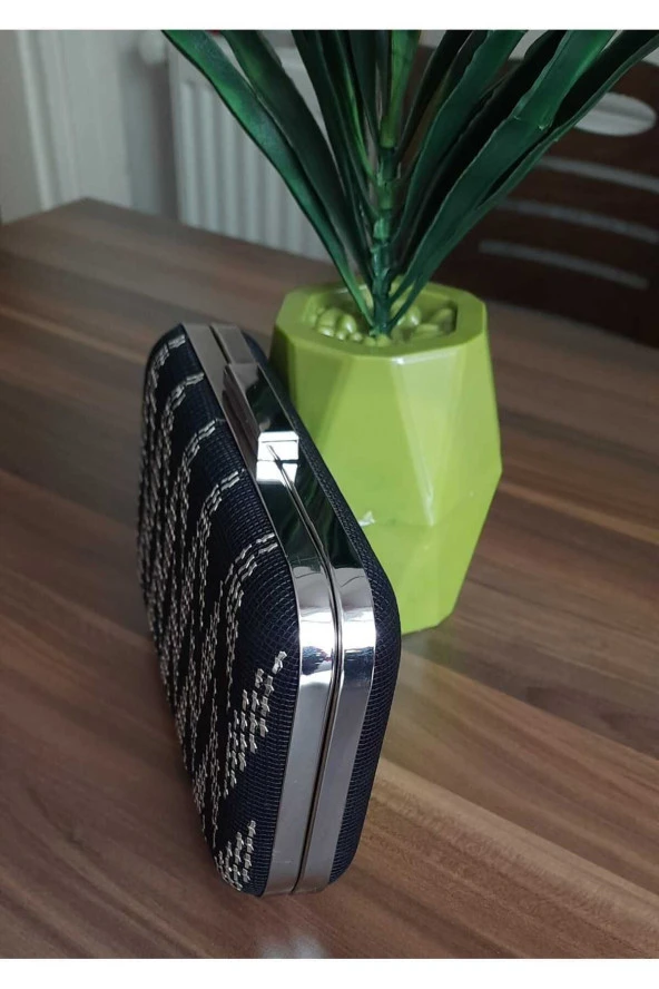 SİYAH KUMAŞ TÜL ÜZERİNE ÖZEL TASARIM EL YAPIMI GÜMÜŞ TEL KIRMA ABİYE EL VE OMUZ ÇANTASI - 6