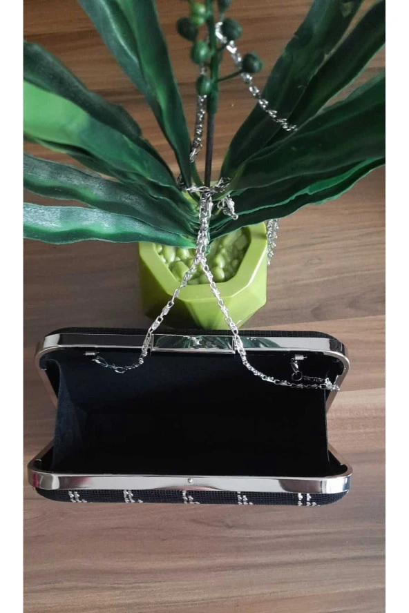 SİYAH KUMAŞ TÜL ÜZERİNE ÖZEL TASARIM EL YAPIMI GÜMÜŞ TEL KIRMA ABİYE EL VE OMUZ ÇANTASI - 7