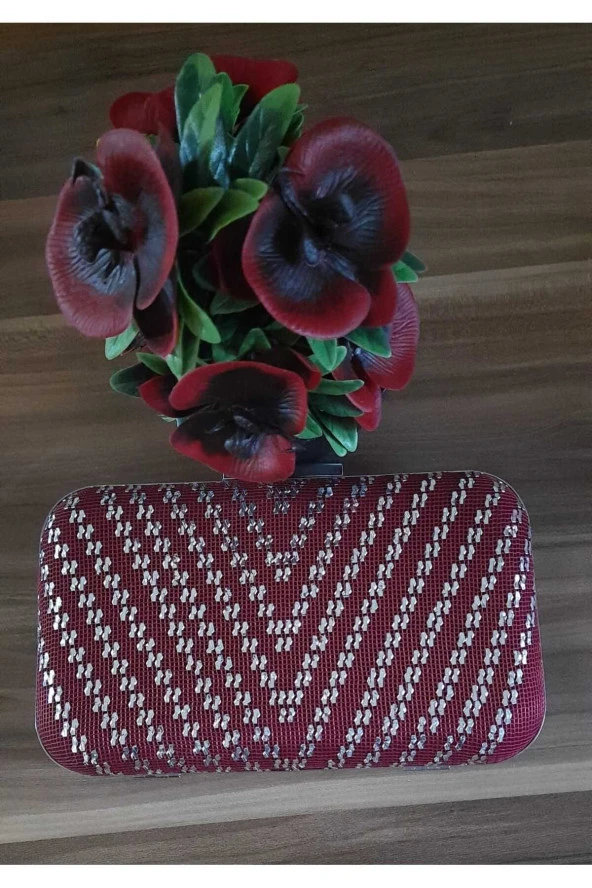 BORDO KUMAŞ TÜL ÜZERİNE ÖZEL TASARIM EL YAPIMI GÜMÜŞ TEL KIRMA ABİYE EL VE OMUZ ÇANTASI - 2