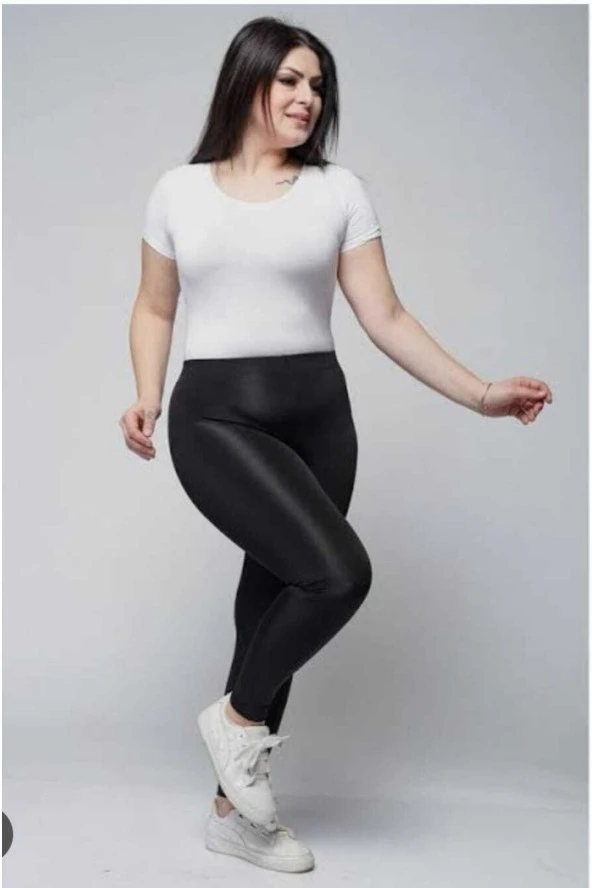 Kadın Siyah Parlak Yüksek Bel Toparlayıcı Büyük Beden Disko Tayt - 3