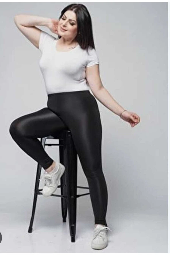 Kadın Siyah Parlak Yüksek Bel Toparlayıcı Büyük Beden Disko Tayt - 4