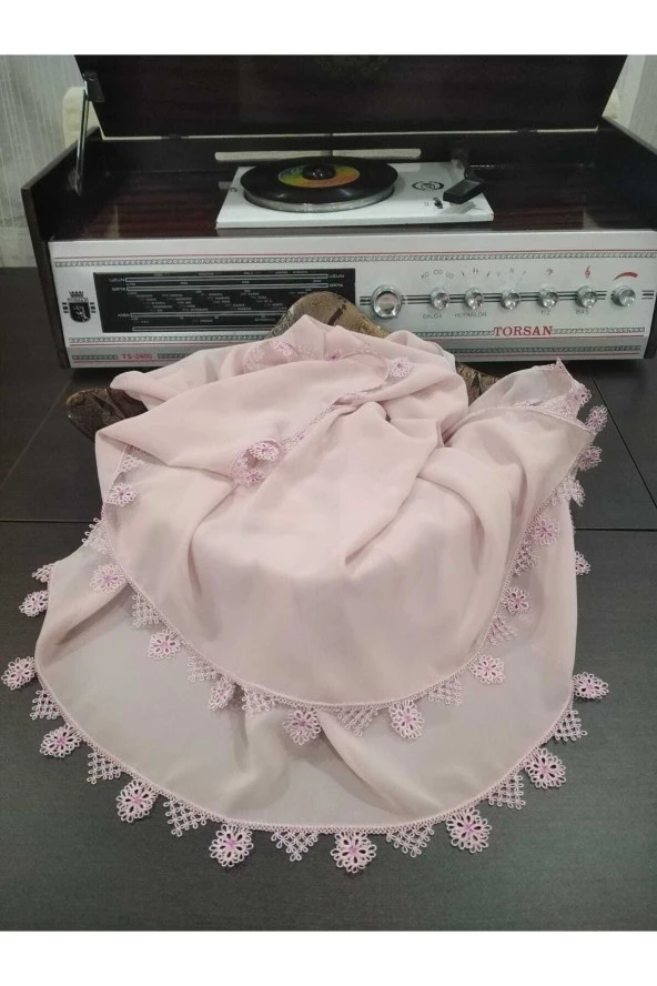 Kenarları El Yapımı Krep Toz Pembe Mevlüt Baş Örtüsü - 3