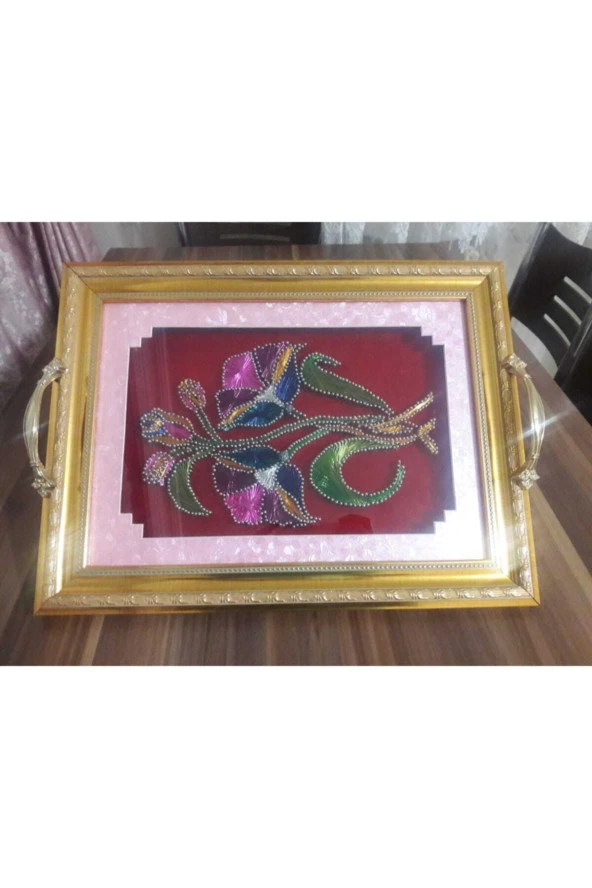 Çivi Ile Çelik Renkli Teller Kullanılarak Yapılan Özel Tasarım Dekoratif Tepsi Flografi Tekniği ürün görseli