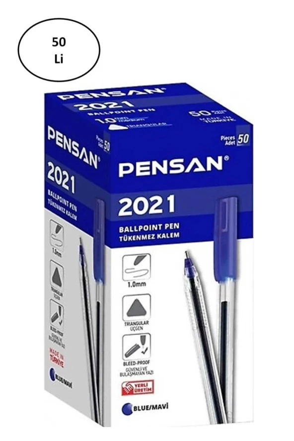 Pensan 2021 1.0 Üçgen Mavi / Blue Tükenmez Kalem 50 Adet - 3