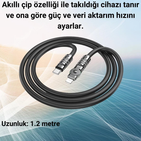 Coofbe Super Şarj Döner Başlık 27W Type-C to İphone Şarj Kablosu İphone 11 12 13 14 Pro Max Şarj Kablo - 4