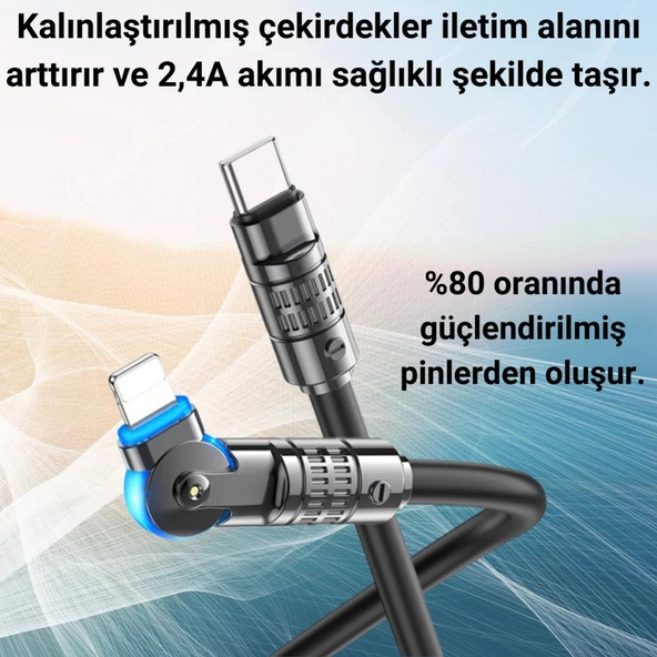 Coofbe Super Şarj Döner Başlık 27W Type-C to İphone Şarj Kablosu İphone 11 12 13 14 Pro Max Şarj Kablo - 3