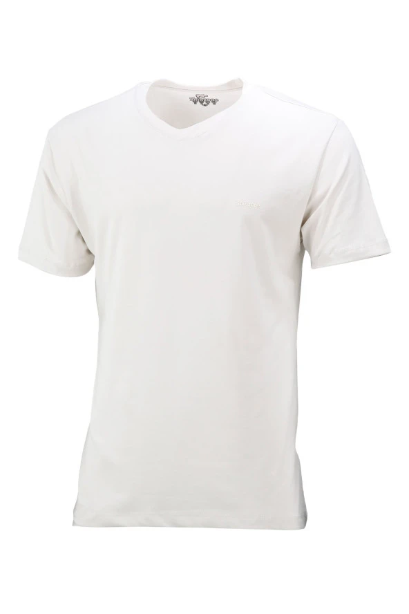 Erkek V Yaka Standart Fit Krem T-Shirt