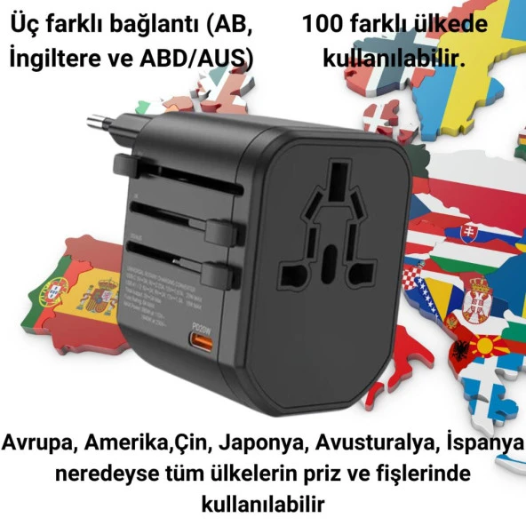 Coofbe Şarj Akım Korumalı 10A/250V Amerikan Ve Avrupa Priz Dönüştürücü Ve 2xUSB PD Şarj Başlığı Priz - 2