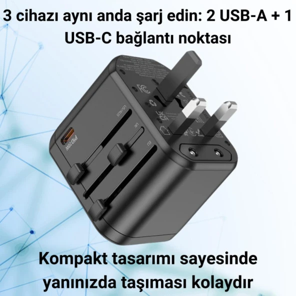 Coofbe Şarj Akım Korumalı 10A/250V Amerikan Ve Avrupa Priz Dönüştürücü Ve 2xUSB PD Şarj Başlığı Priz - 3