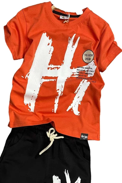 Erkek Çocuk Hi Yazı Baskılı Kısa Kollu Turuncu Şortlu Takım - Resim 2