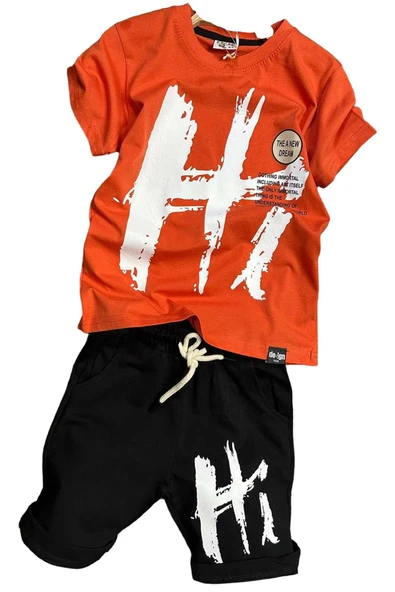 Erkek Çocuk Hi Yazı Baskılı Kısa Kollu Turuncu Şortlu Takım ürün görseli