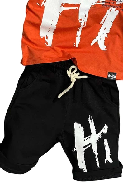 Erkek Çocuk Hi Yazı Baskılı Kısa Kollu Turuncu Şortlu Takım - Resim 3