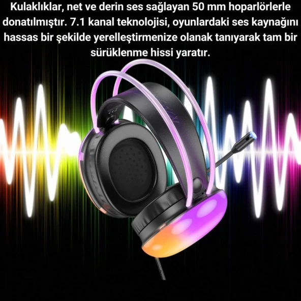 Coofbe Dinamik Işıklı USB7.1 Mikrofonlu Kablolu Profesyonel Kafaüstü Oyuncu Kulaklığı Kulaküstü Kulaklık - 4