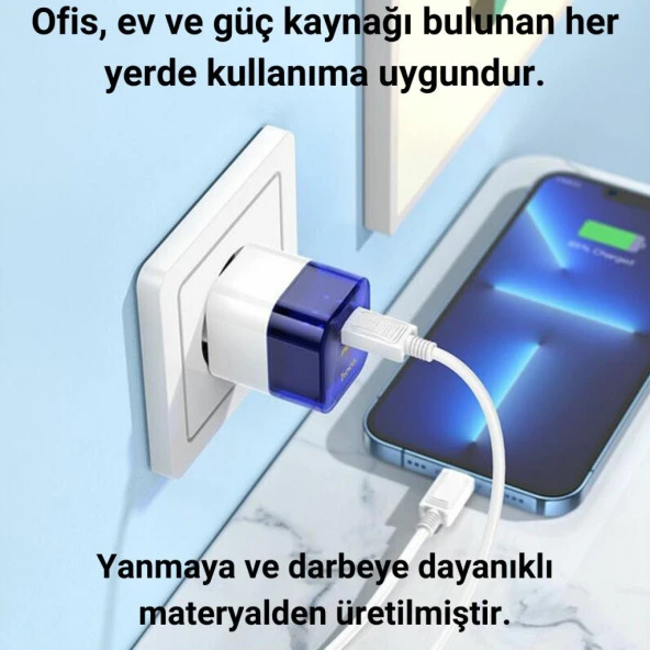 Polham Süper Hızlı 20W 1x Type-C,1x USB Şarj Başlığı ve 1 MT 60W Type C To Type C Kablolu Şarj Aleti - 7