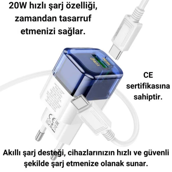 Polham Süper Hızlı 20W 1x Type-C,1x USB Şarj Başlığı ve 1 MT 60W Type C To Type C Kablolu Şarj Aleti - 8