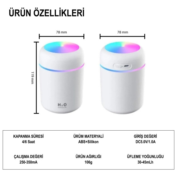 LED Işıklı Mini Ortam Oda Hava Nemlendirici ve Taşınabilir Buhar Makinesi H2O Humidifier - 4