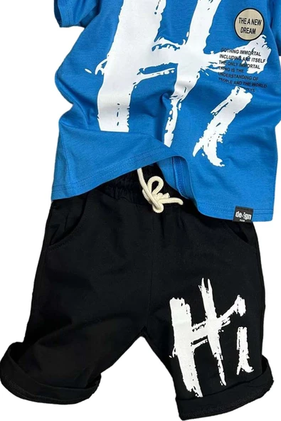 Erkek Çocuk Hi Yazı Baskılı Kısa Kollu Saks Mavi Şortlu Takım - Resim 3