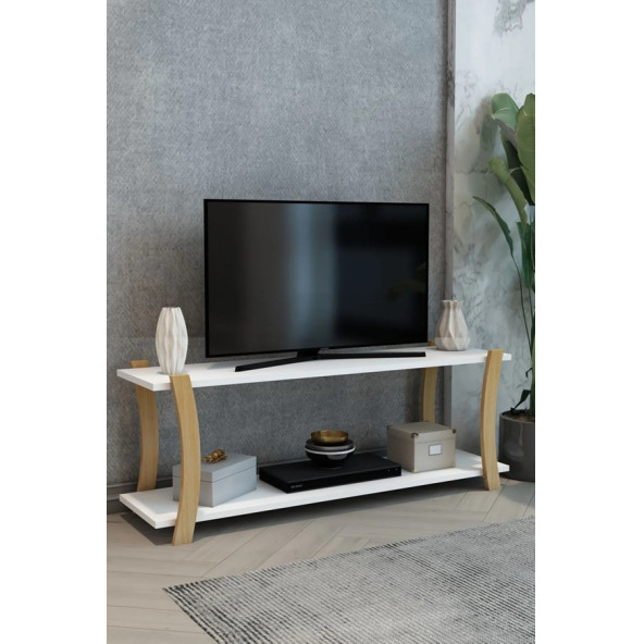 Roma Beyaz Ahşap Raflı Televizyon Sehpası, Tv Ünitesi, Tv Sehpası / 120x30 Cm / Şık Ve Ergonomik