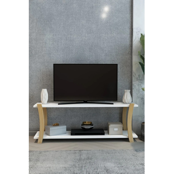 Roma Beyaz Ahşap Raflı Televizyon Sehpası, Tv Ünitesi, Tv Sehpası / 120x30 Cm / Şık Ve Ergonomik - 2