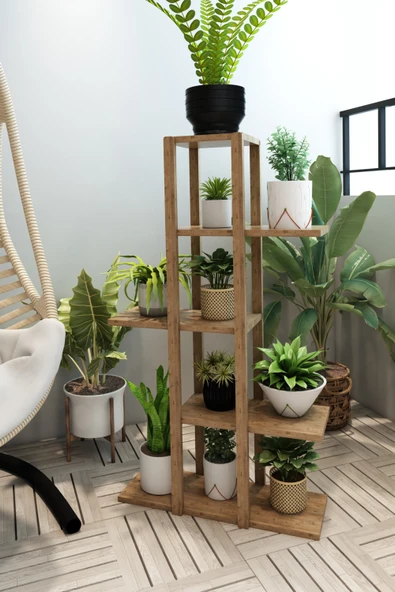 Jest Dekor Konsept Lotus Atlantik Çam Ahşap 5 Katlı Çiçeklik, Saksılık, Çiçek Standı, Dekoratif Raf-çok Amaçlı Kullanım - 2