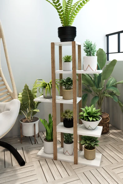 Jest Dekor Konsept Lotus Beyaz Ahşap 5 Katlı Çiçeklik, Saksılık, Çiçek Standı, Dekoratif Raf / Çok Amaçlı Kullanım - 2