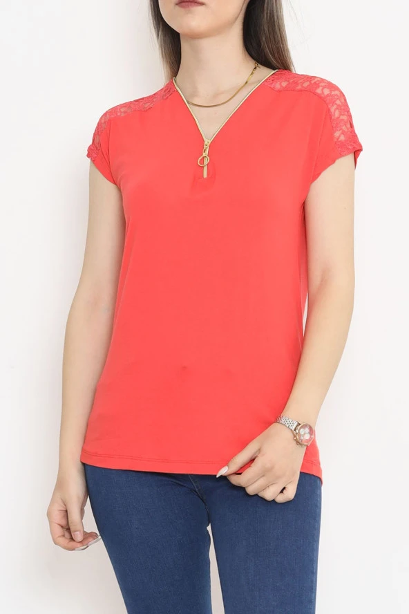 Omzu Dantelli Fermuarlı Bluz Narçiçeği - 11367.599. ürün görseli