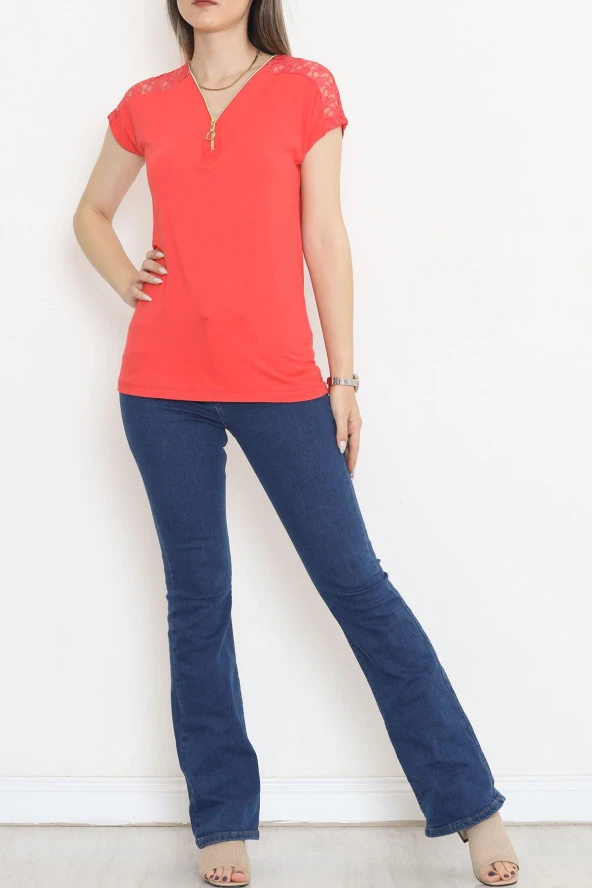 Omzu Dantelli Fermuarlı Bluz Narçiçeği - 11367.599. - Resim 3