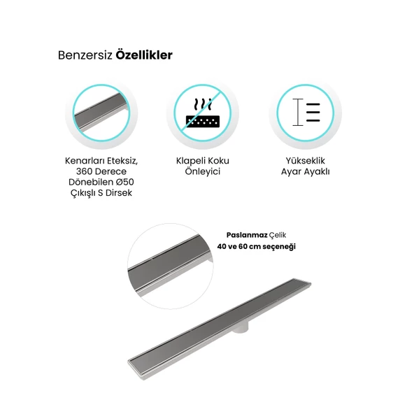 Sanica Paslanmaz Klapeli Koku Önleyici Duşakabin Duş Kanalı Yer Süzgeci 40cm - 2