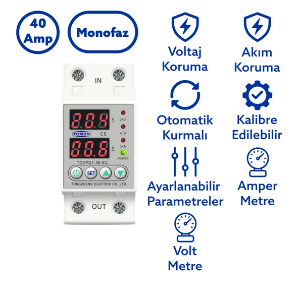 Tomzn Voltaj ve Akım Koruma Rölesi Yüksek Alçak Gerilim Koruyucu Monofaz 40A Elektrik Bekçisi - Resim 1