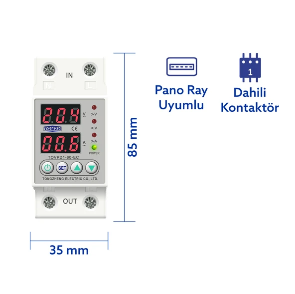 Tomzn Voltaj ve Akım Koruma Rölesi Yüksek Alçak Gerilim Akım Koruyucu 63A Elektrik Bekçisi - Resim 2