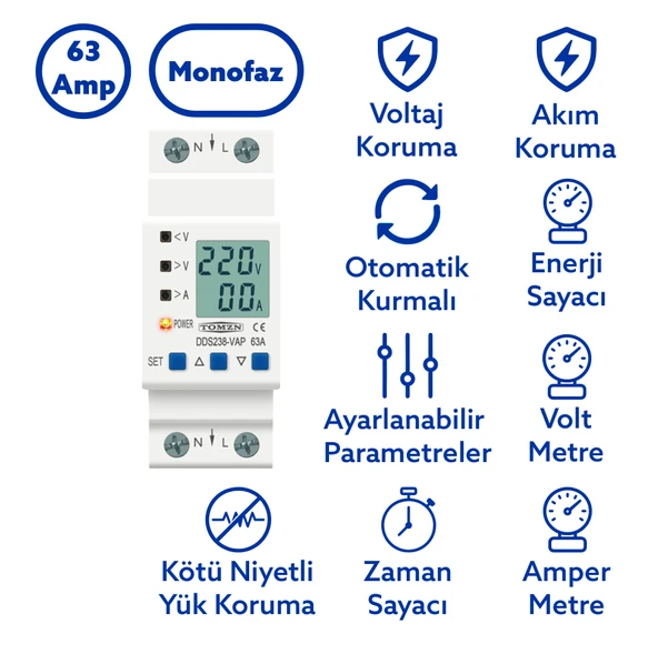 Tomzn Hiking Voltaj ve Akım Koruma Rölesi Yüksek Alçak Gerilim ve Akım Koruyucu Röle 63A ürün görseli 1