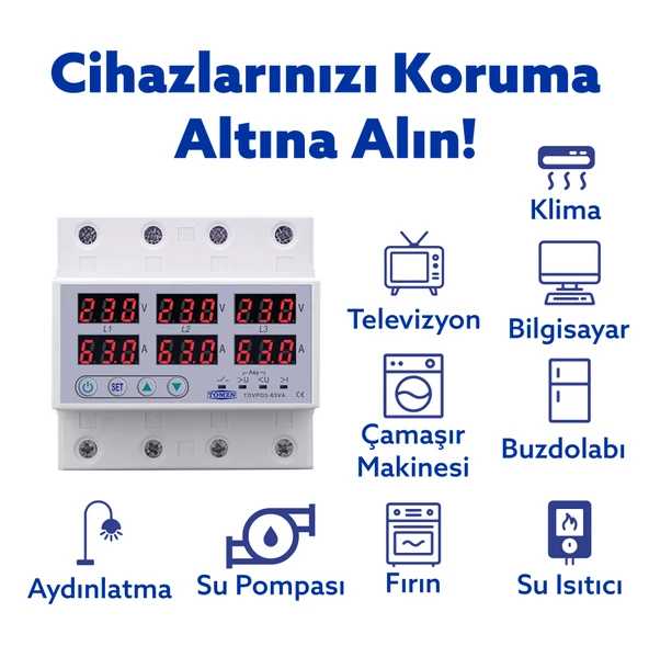 Tomzn Trifaz Gerilim Ve Akım Koruma Rölesi Yüksek Alçak Voltaj Akım Koruma 220V 63A 3 Fazlı Yıldırım Ev Tip Röle - Resim 3