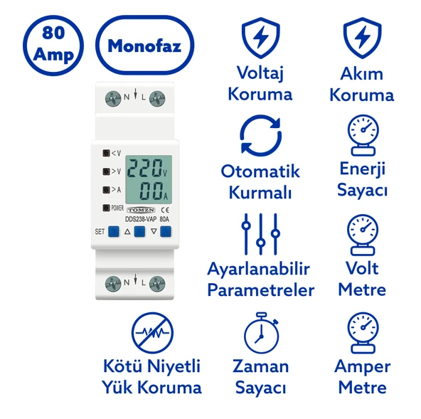 Tomzn Hiking Gerilim Koruma Rölesi Yüksek Alçak Voltaj Akım Koruma 80A Dahili Kontaktör Yıldırım Koruma Rölesi ürün görseli 1