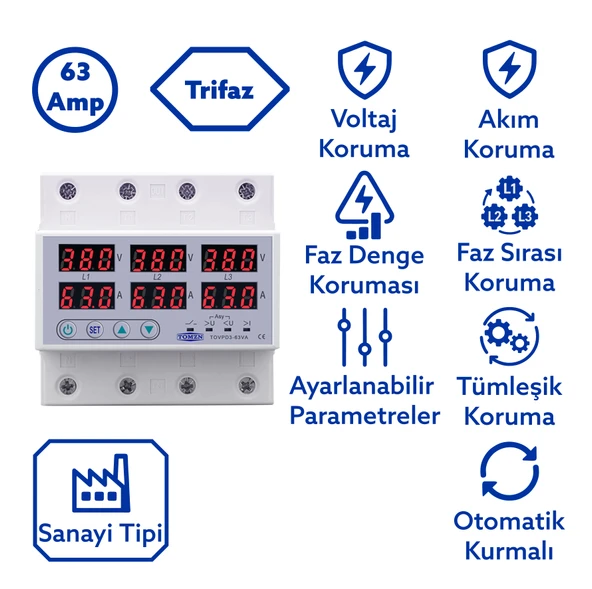 Tomzn Trifaz Nötrsüz 380V Gerilim Ve Akım Koruma Yüksek Alçak Voltaj Akım Koruma 63A Sanayi Tipi ürün görseli 1