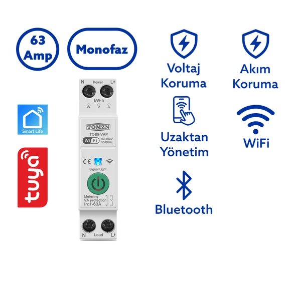 Tomzn Akıllı Voltaj ve Akım Koruma Rölesi, WiFi Özellikli Dahili Enerji Ölçer 63A - Akıllı Sigorta ürün görseli 1