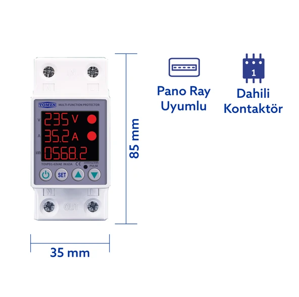 Tomzn Gerilim ve Akım Koruma Rölesi Yüksek Düşük Voltaj Akım Koruyucu 63A Enerji Ölçerli - Resim 2