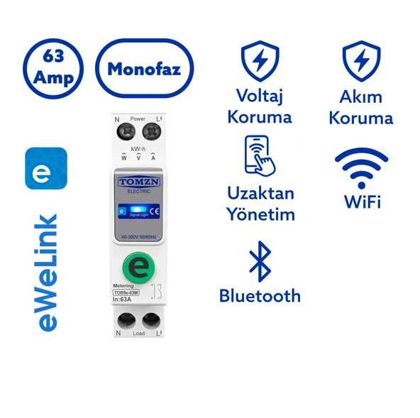 Tomzn Akıllı Voltaj ve Akım Koruma Rölesi, WiFi Özellikli Dahili Enerji Ölçer 63A eWelink Uyumlu ürün görseli 1