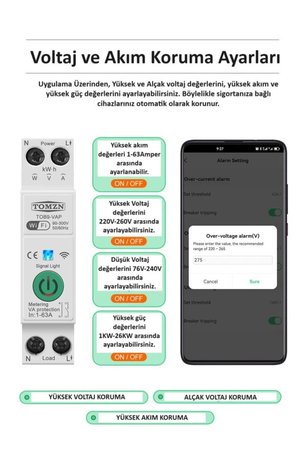 Tomzn Akıllı Voltaj ve Akım Koruma Rölesi, WiFi Özellikli Dahili Enerji Ölçer 63A - Akıllı Sigorta - 6