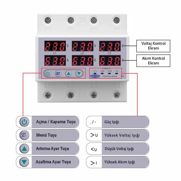 Tomzn Trifaz Gerilim Ve Akım Koruma Rölesi Yüksek Alçak Voltaj Akım Koruma 220V 63A 3 Fazlı Yıldırım Ev Tip Röle - 5