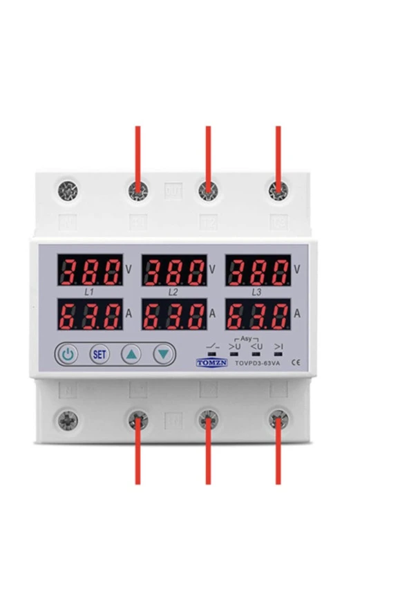 Tomzn Trifaz Nötrsüz 380V Gerilim Ve Akım Koruma Yüksek Alçak Voltaj Akım Koruma 63A Sanayi Tipi
