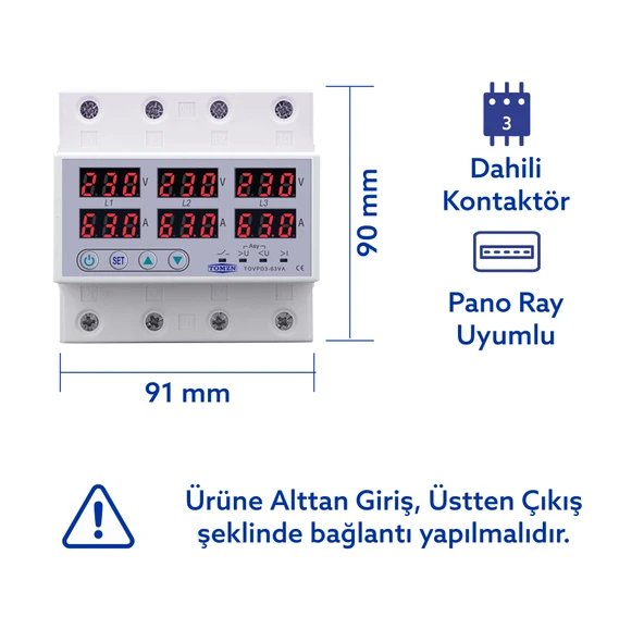 Tomzn Trifaz Gerilim Ve Akım Koruma Rölesi Yüksek Alçak Voltaj Akım Koruma 220V 63A 3 Fazlı Yıldırım Ev Tip Röle - Resim 2
