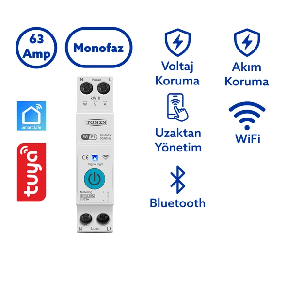 Tomzn WiFi Özellikli Akıllı Sigorta Dahili Enerji Ölçerli Zaman Rölesi 63A ürün görseli 1